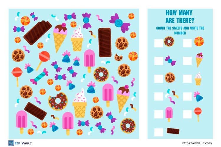 sweets and candy counting worksheet for kids