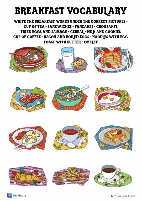 Breakfast vocabulary worksheet printables - ESL Vault