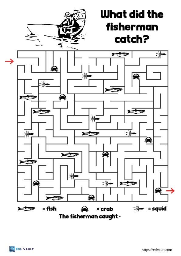 free printable esl mazes for kids about fishing