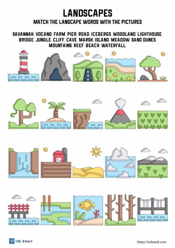 free geographic landscapes worksheets esl vault