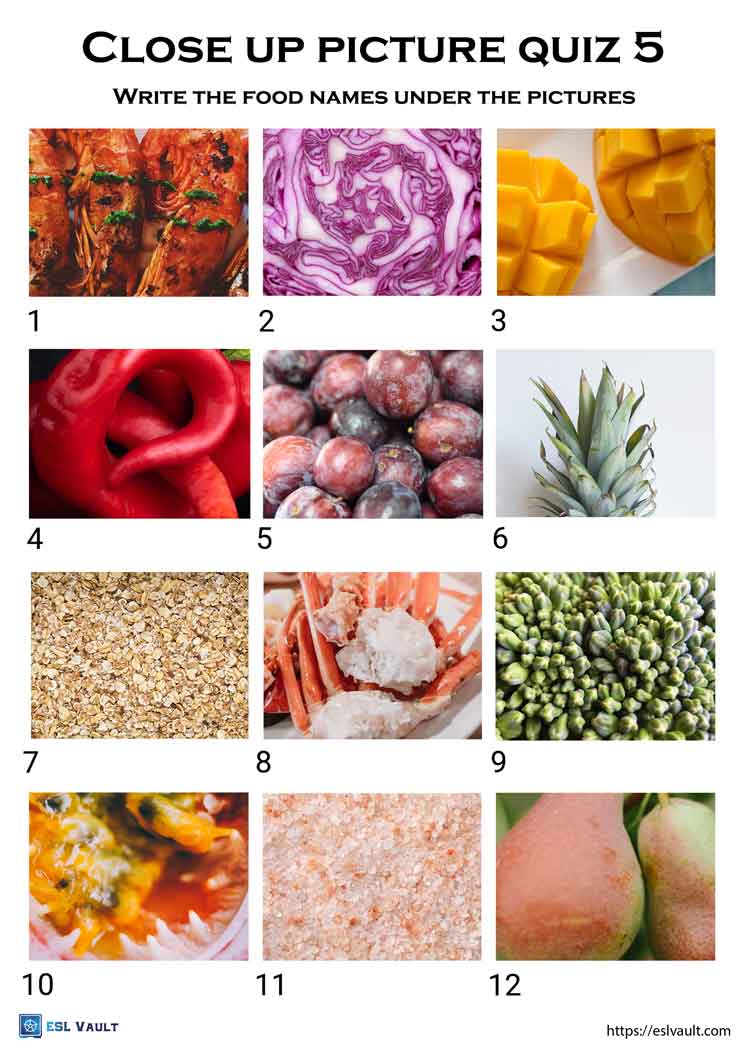 close up picture quiz printable of food for ESL