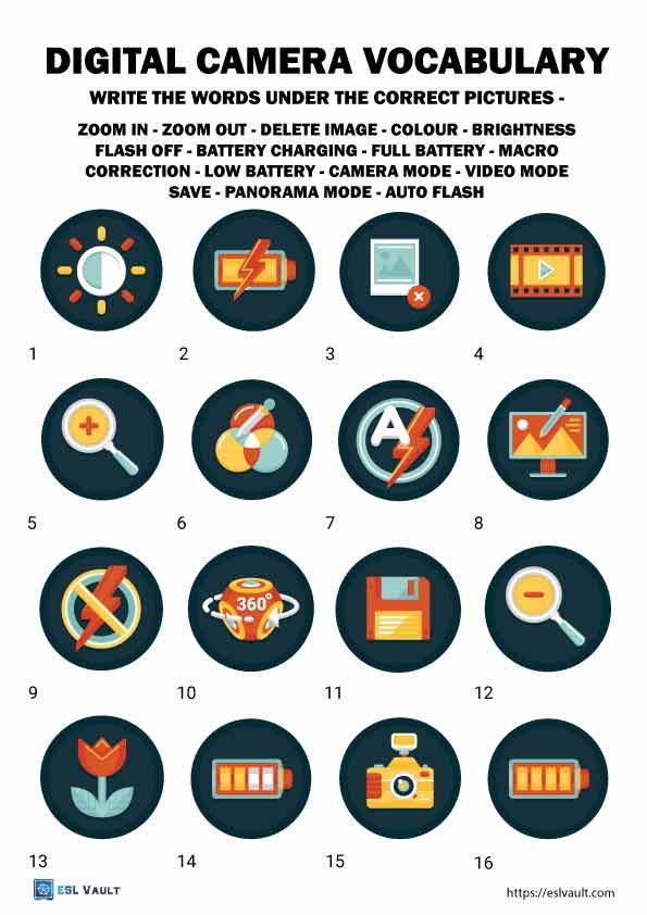 digital camera vocabulary worksheet for ESL