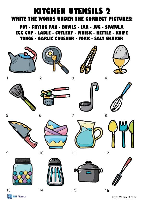 kitchen utensils worksheets esl vault