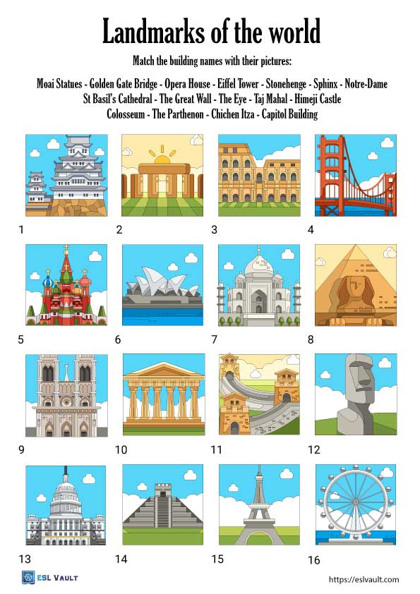 printable esl world landmarks worksheets esl vault