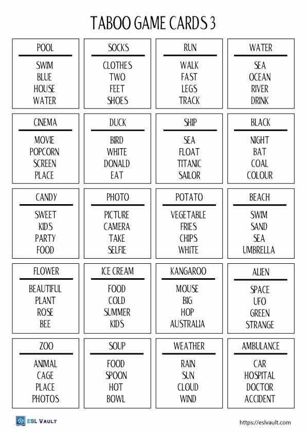 Taboo ESL game with free printable cards - ESL Vault