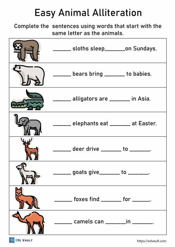 easy animal alliteration worksheet