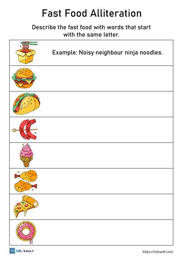 fast food alliteration worksheet