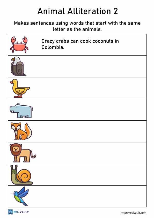 free printable animal alliteration worksheet 2