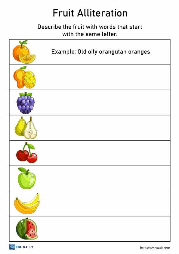 printable fruit alliteration worksheet