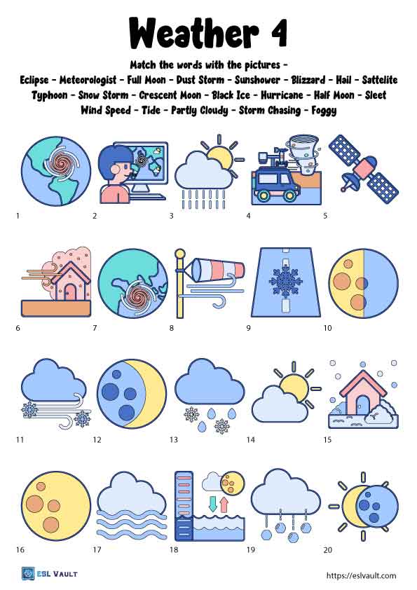 weather vocabulary matching worksheets esl vault