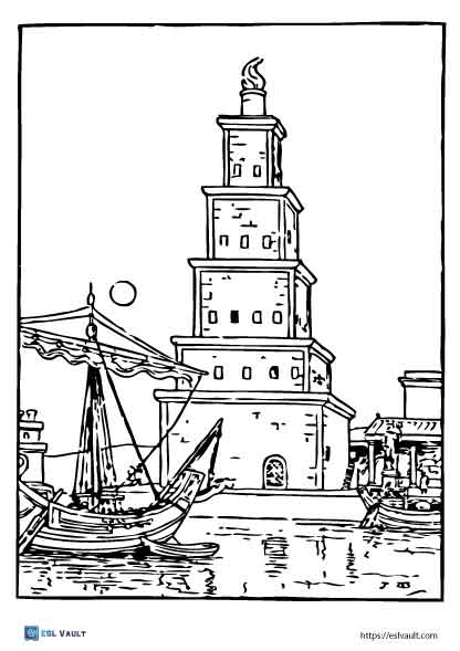 ancient lighthouse and ship coloring page