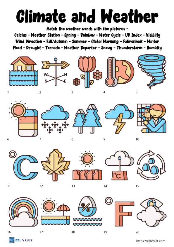 weather vocabulary matching worksheets esl vault