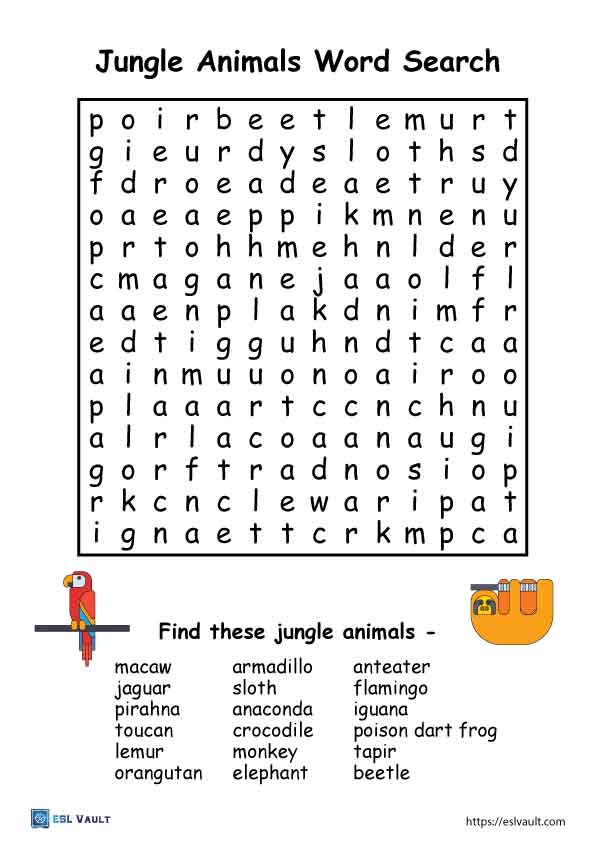 5 free jungle worksheets - ESL Vault