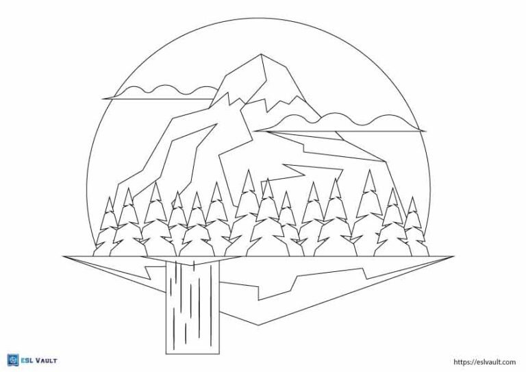 mountain and waterfall coloring page