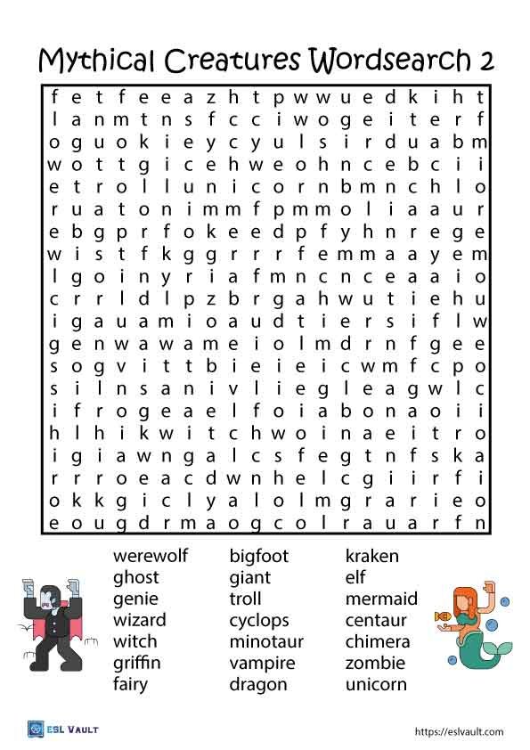 mythical creatures wordseach 2