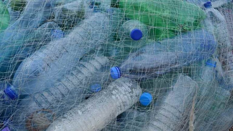 plastic bottles in a net for recycling