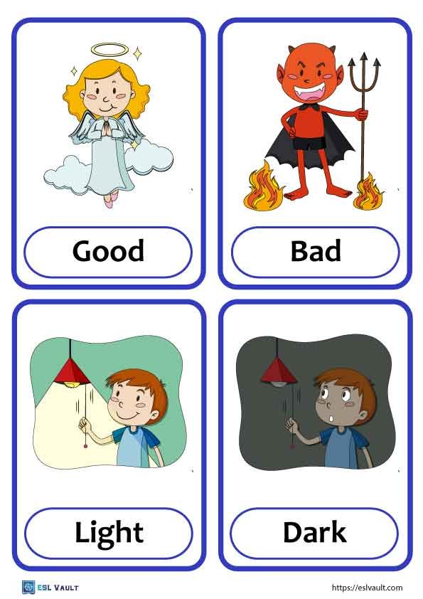 72 free printable opposites flashcards esl vault