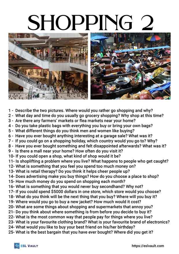 50 shopping discussion questions. ESL Vault