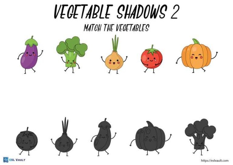 vegetables shadow matching worksheets 2