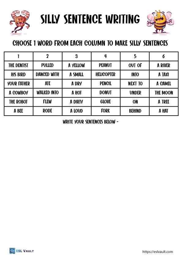 writing silly sentences worksheets 3