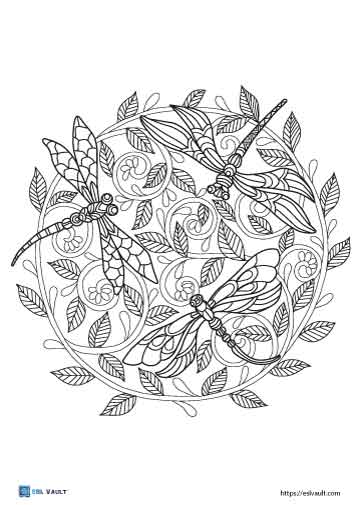 leaves and dragonflies coloring page