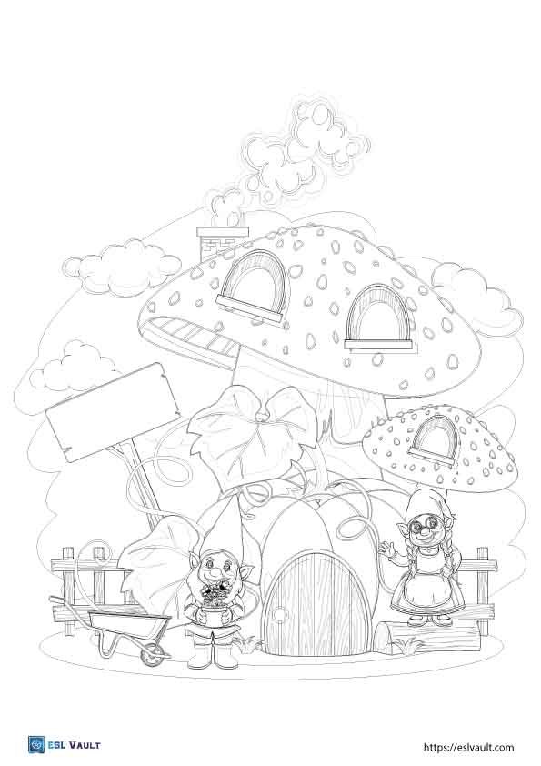 mushroom house gnome coloring page