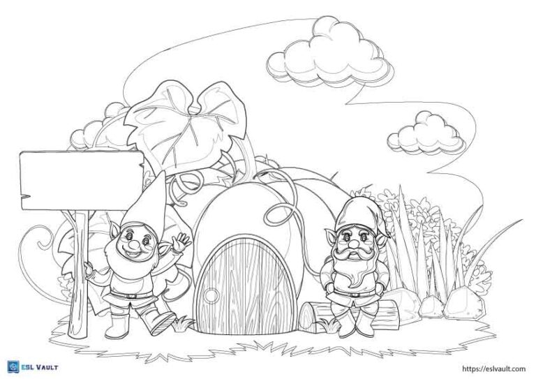pumpkin house and gnome coloring page