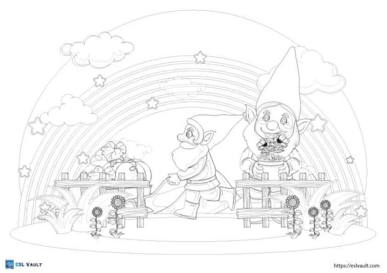 rainbow and gnome coloring page