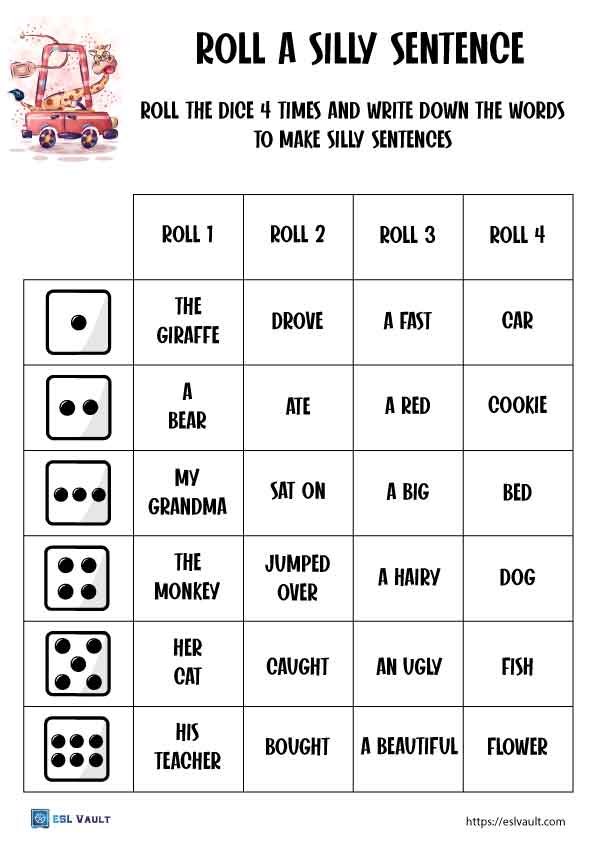 roll a silly sentence worksheet