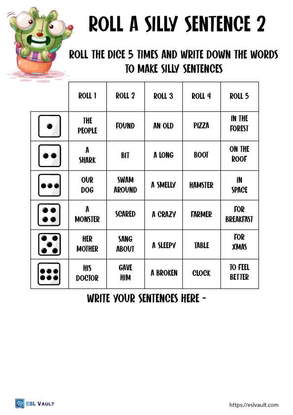 roll a silly sentence worksheets 2