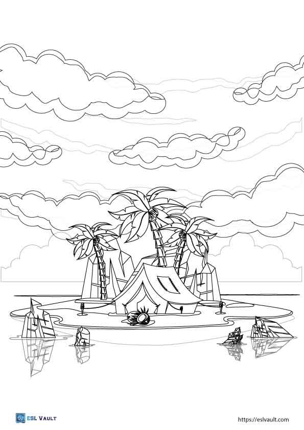 tropuical island with palm trees coloring page