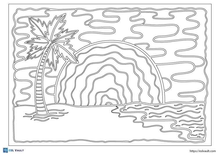 beach sunset palm tree coloring page