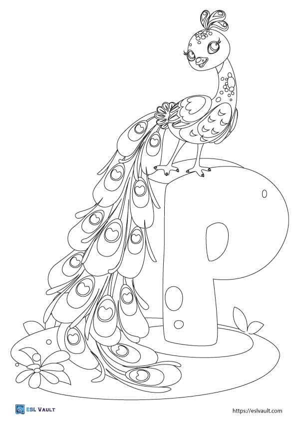 p is for peacock coloring page
