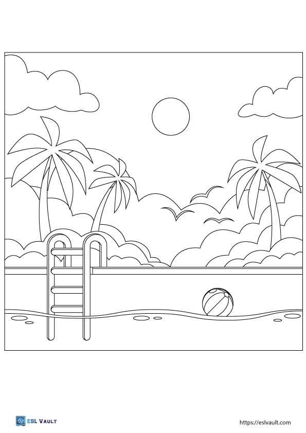 swimming pool with palm trees coloring sheet.