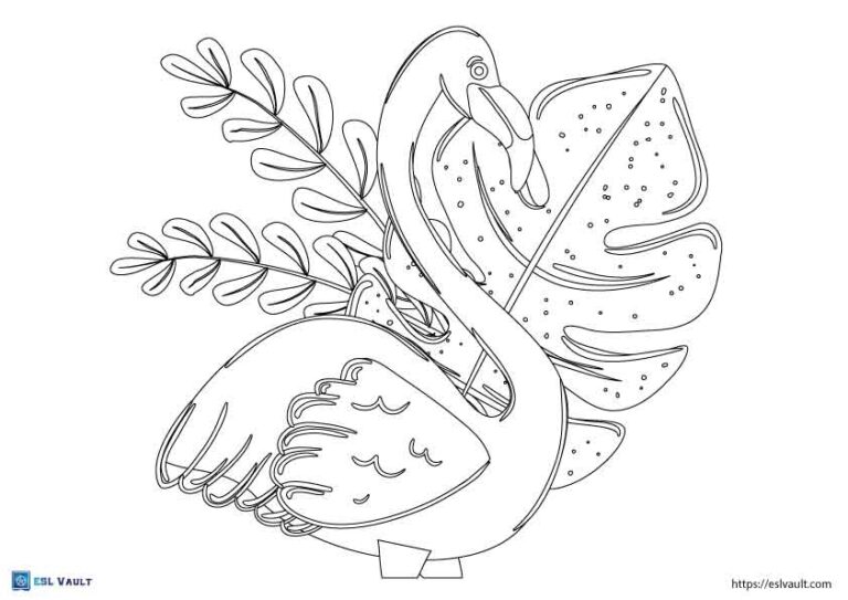 leaves and flamingo coloring page