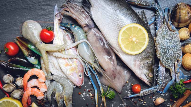 mixed frsh seafood on a table
