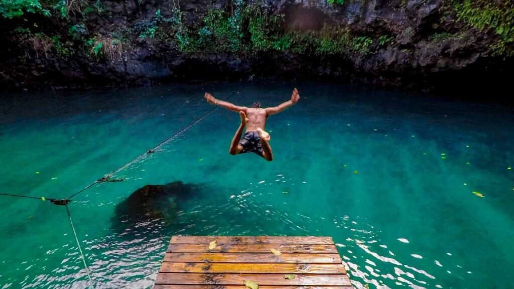 a man jumping into a swimming hole.