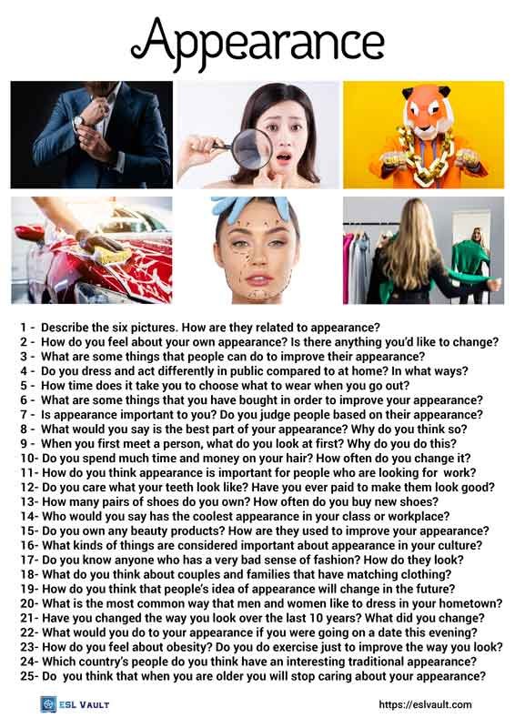 25 appearance conversation questions ESL Vault