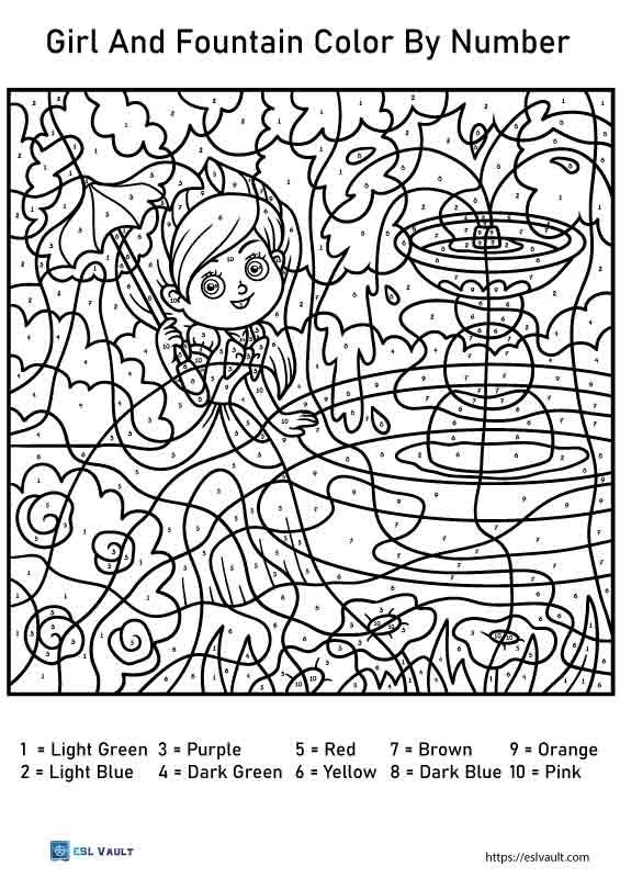 girl and fountain color by number