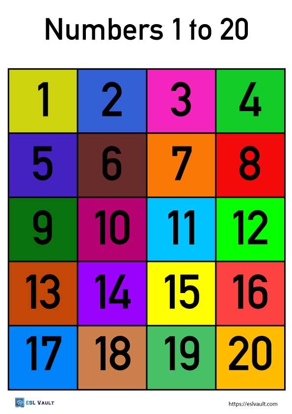 free number chart 1-20 colored