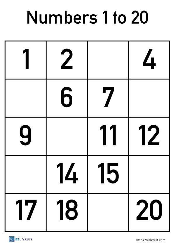 missing number chart 1-20 printable