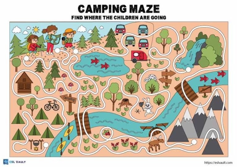 maze camping worksheets for kids