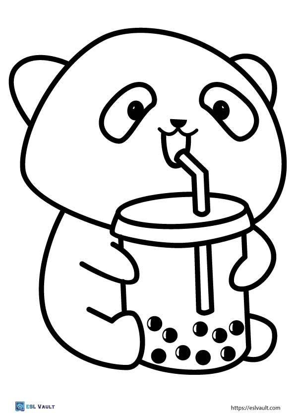 panda drinking boba coloring page