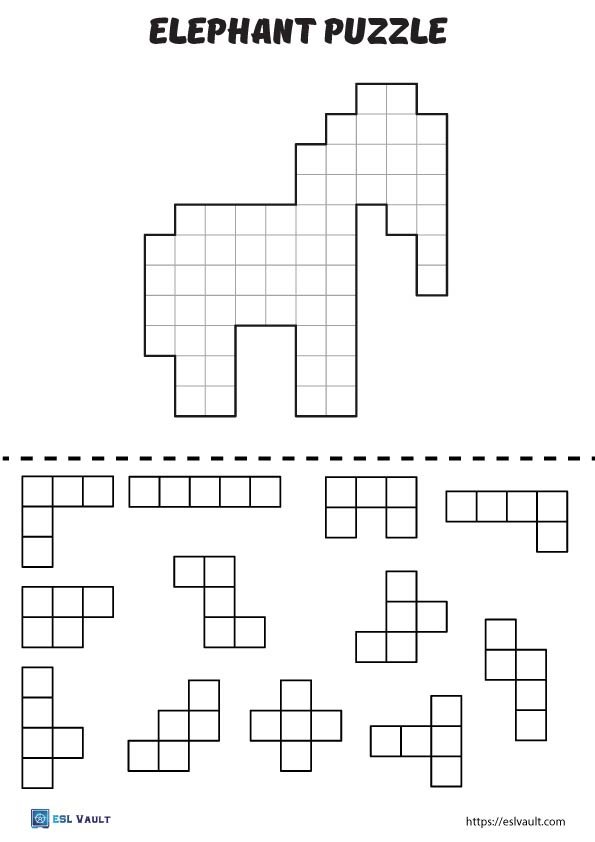 free printable tetris puzzle elephant coloring.