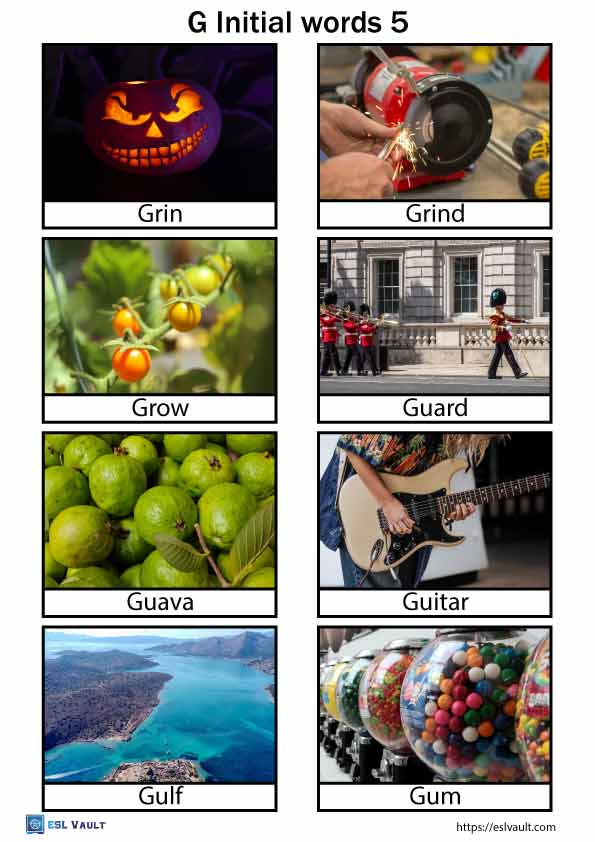 Free G initial words list and 40 flashcards - ESL Vault