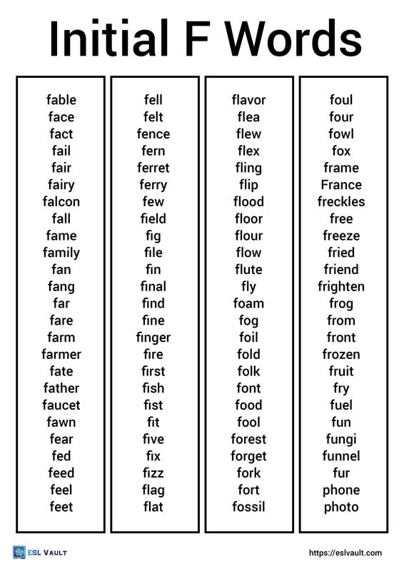 Initial F words list and 32 free pictures - ESL Vault