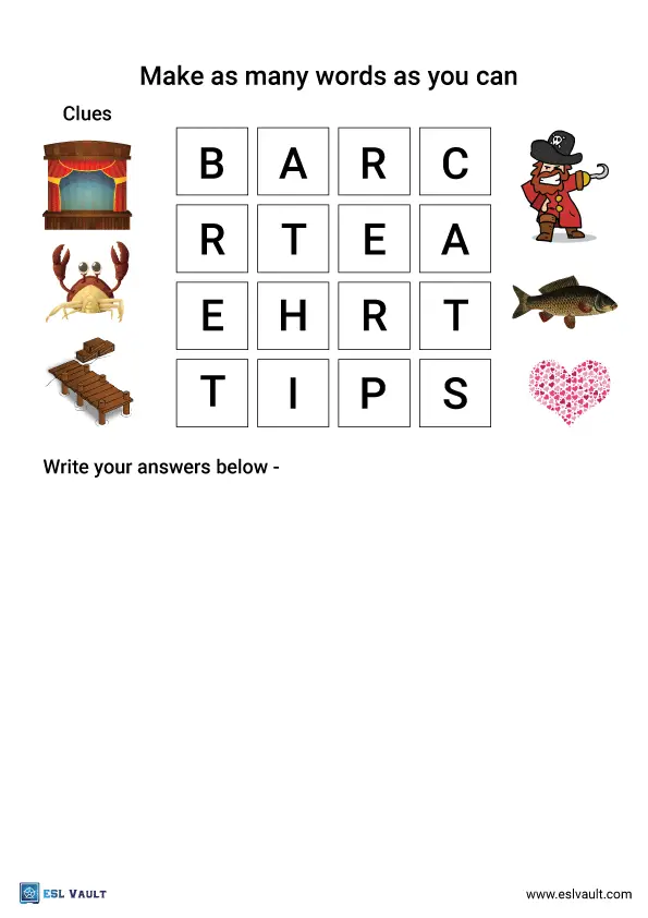A boggle word puzzle with picture clues