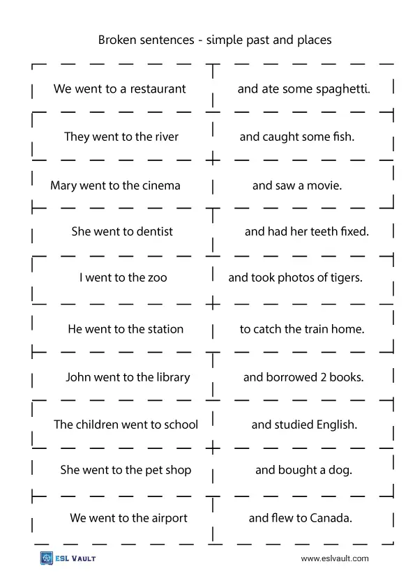 broken sentences with simple past and places