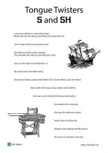 S SH tongue twisters printable worksheet for ESL