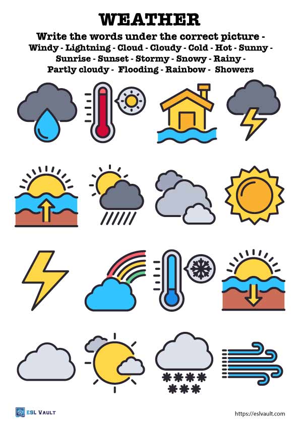 weather vocabulary matching worksheets esl vault